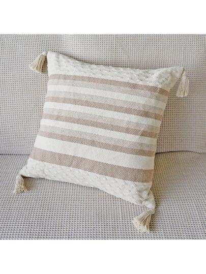 Two shades of khaki striped cushion with a white background, tassels on each corner and a textured feel on the bottom and top