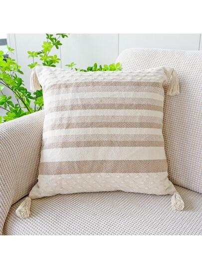 Two shades of khaki striped cushion with a white background, tassels on each corner and a textured feel on the bottom and top