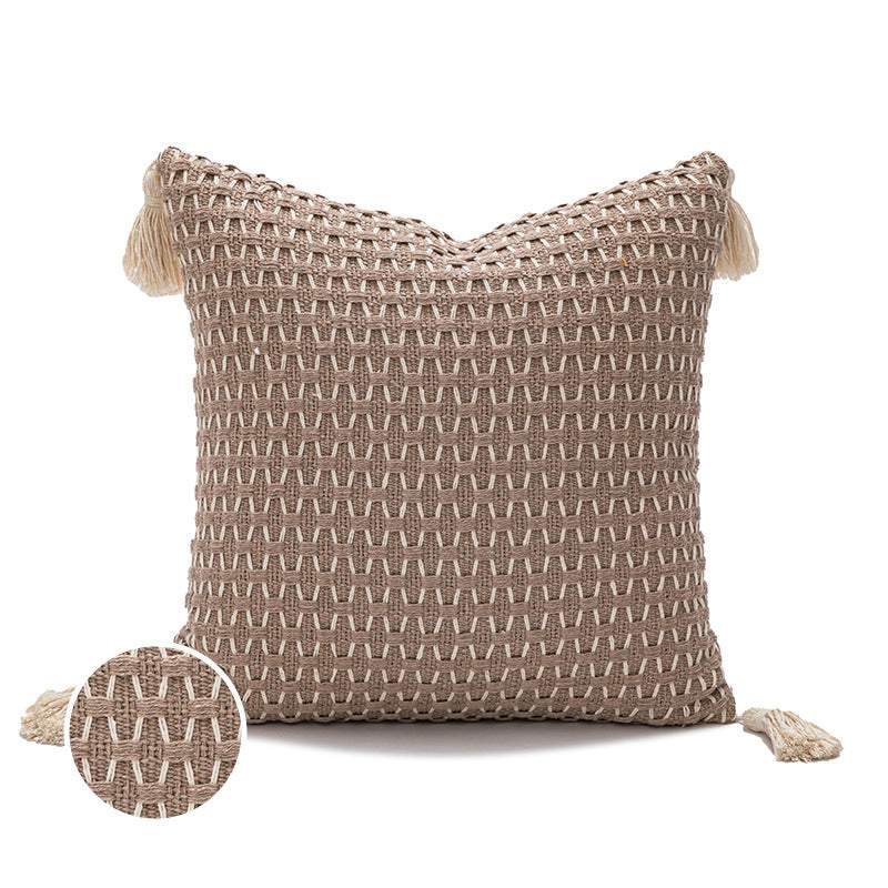 Stone grey handwoven scatter cushion with tassels and a stunning design, ideal decorative throw pillow for stylish home decor