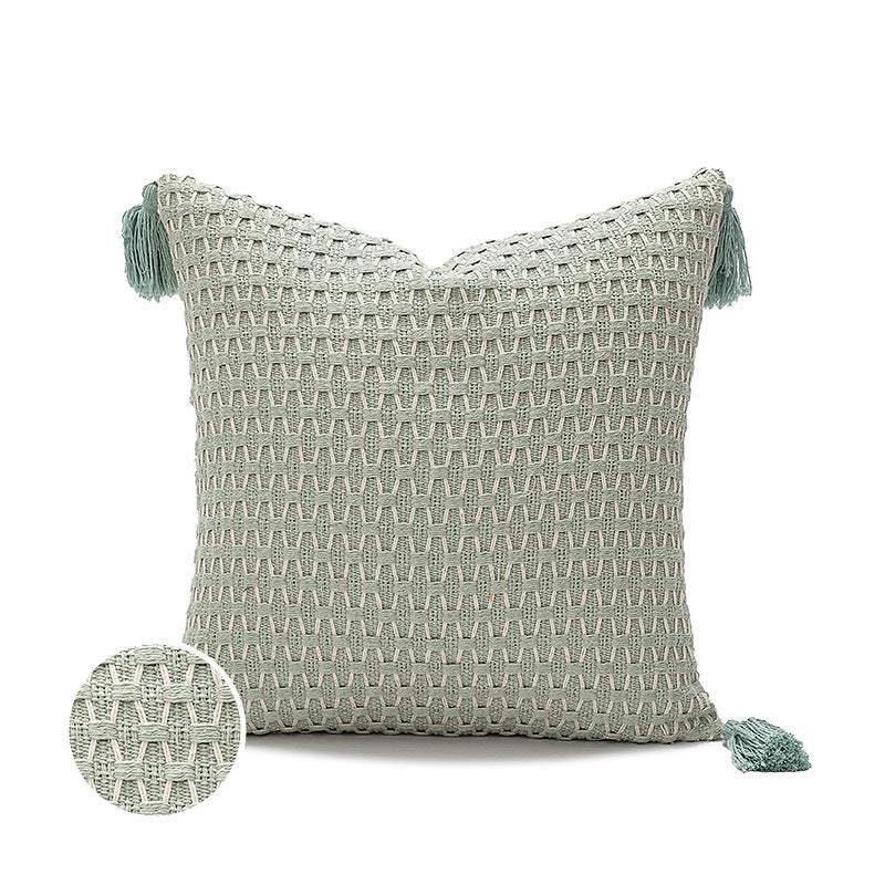 Green handwoven scatter cushion with tassels and a stunning design, ideal decorative throw pillow for stylish home decor
